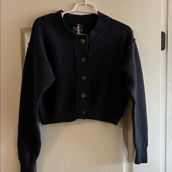 Free People Lila Textured Button front Cardigan- Sky Captain color Midnight - Picture 2 of 8